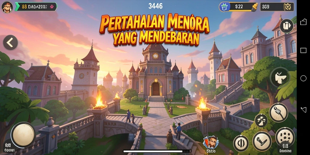 Screenshot utama menampilkan pertempuran intens di Tower Defense.
