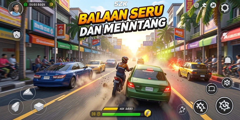 Screenshot gameplay 5ZK menampilkan mobil balap yang mendebarkan di trek yang menantang.