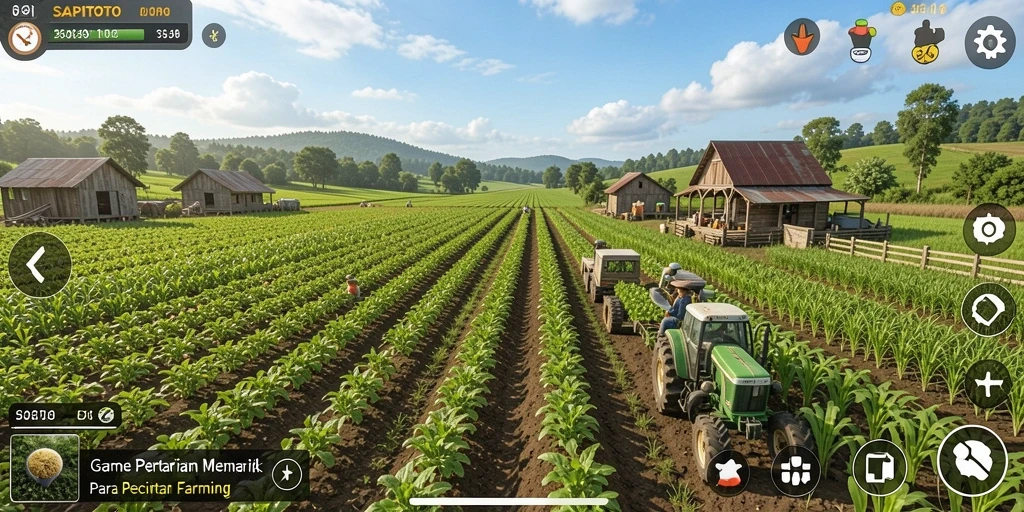 Screenshot gameplay SAPITOTO menunjukkan petani yang sedang merawat tanaman.